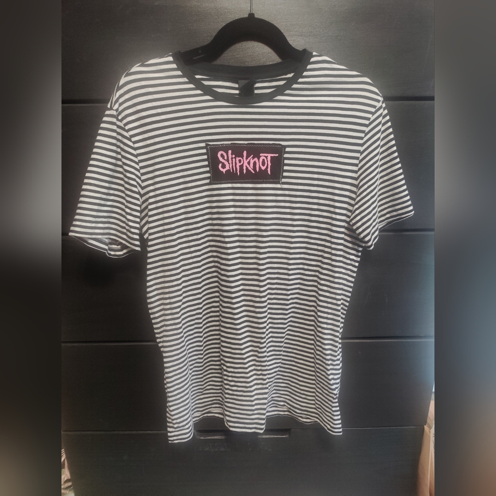 Black White Striped Slipknot Tee T Shirt S Pink Metal Patch Goth Emo Punk Band